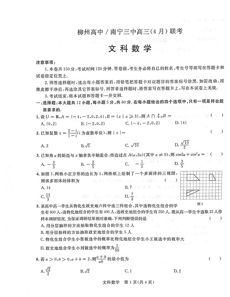 柳州高中南宁三中高三(4月)联考文科数学试卷附答案01