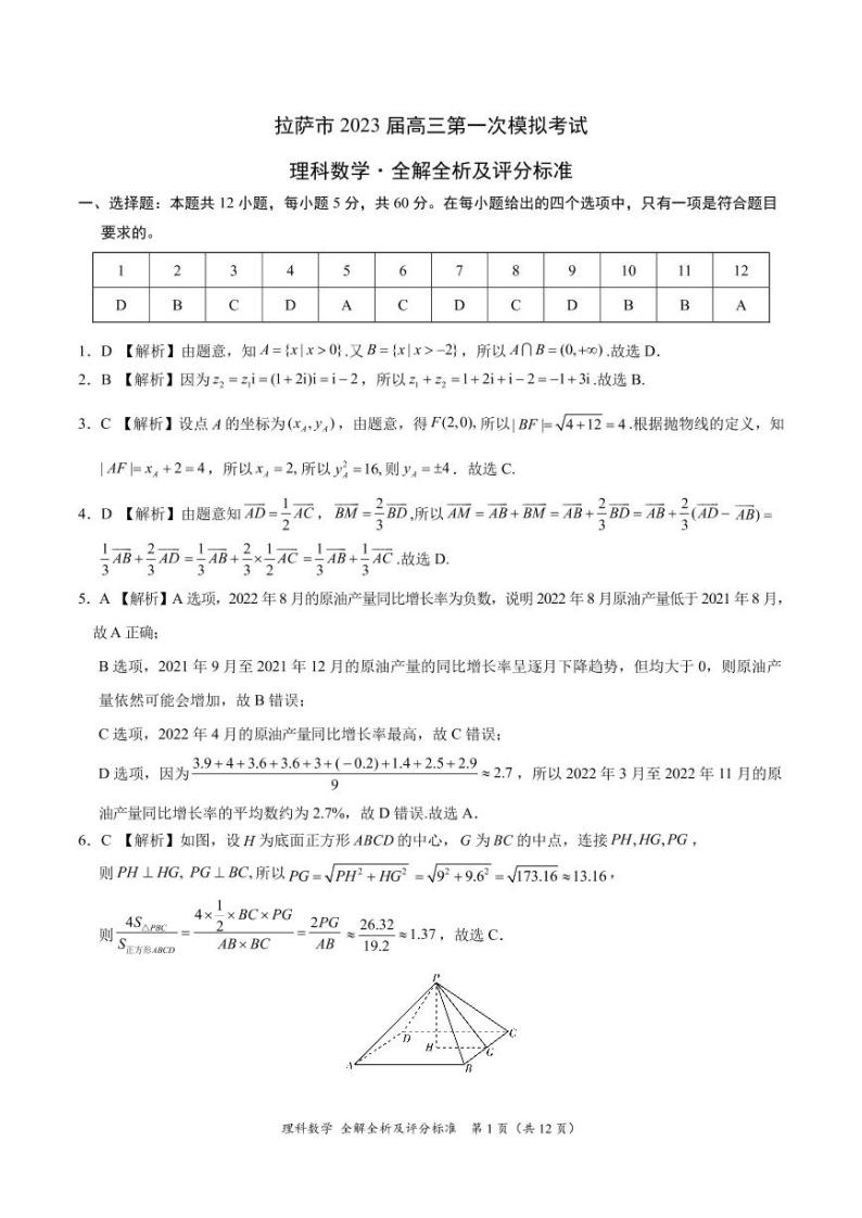 理科数学-西藏自治区拉萨市2023届高三第一次模拟考试（全解全析及评分标准）01