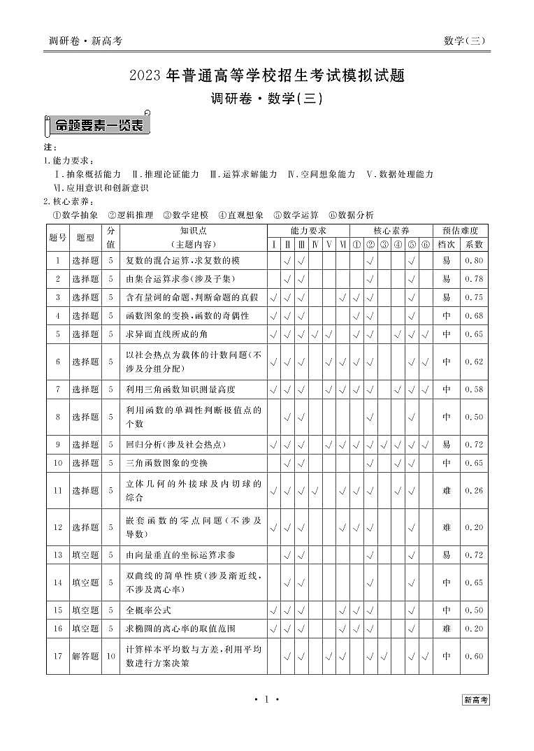 衡水金卷2023届新高考先享调研数学(三)答案第1页