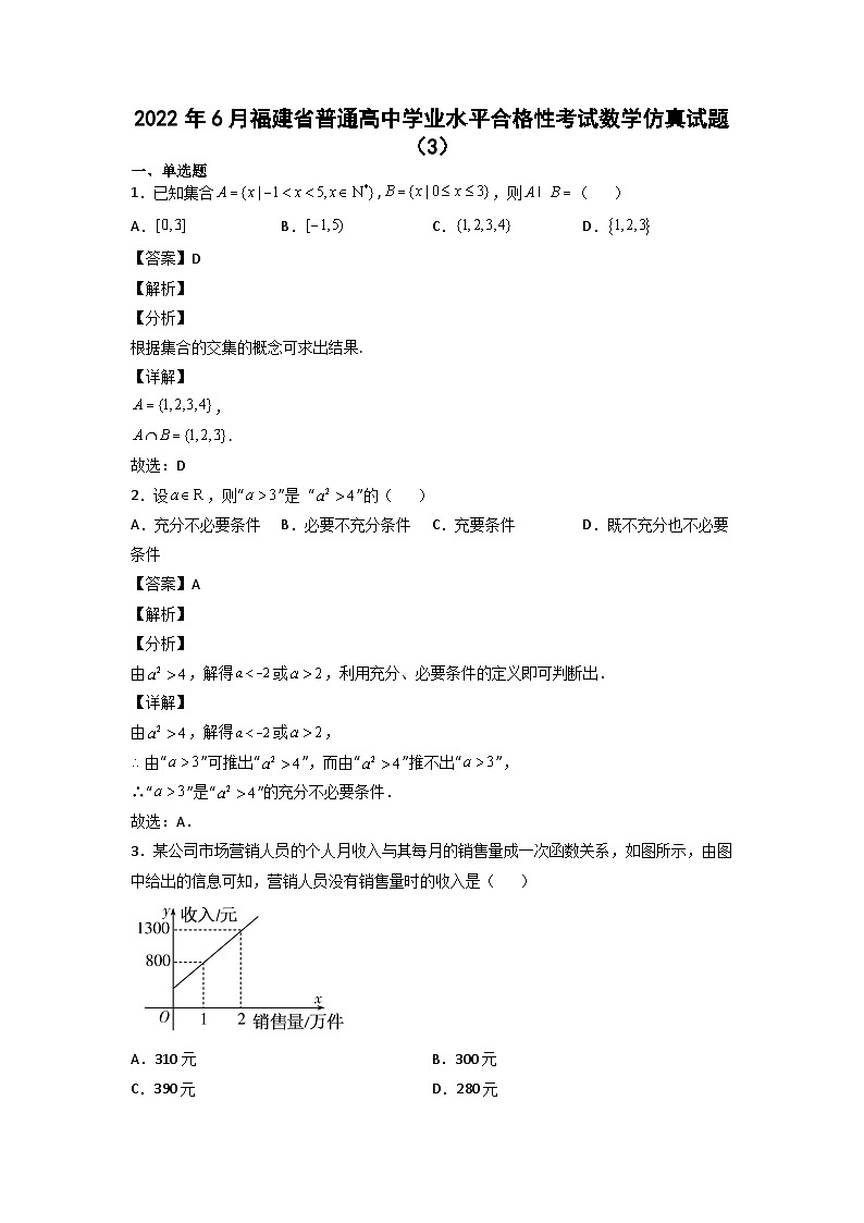 2022年6月福建省普通高中学业水平合格性考试数学仿真试题(3)01