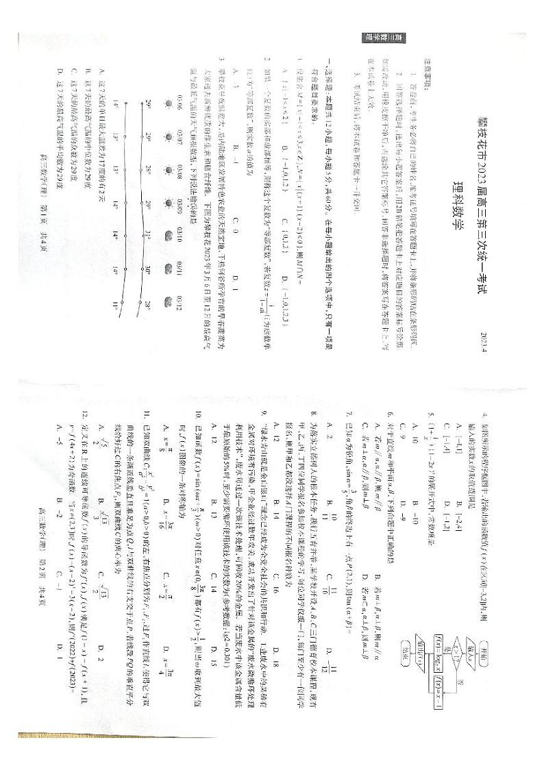 攀枝花市2023届高三第三次统一考试理科数学试卷第1页