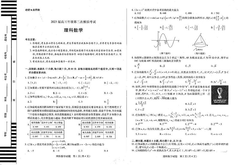 2023届河南省安阳市高三第二次模拟考试 理科数学第1页