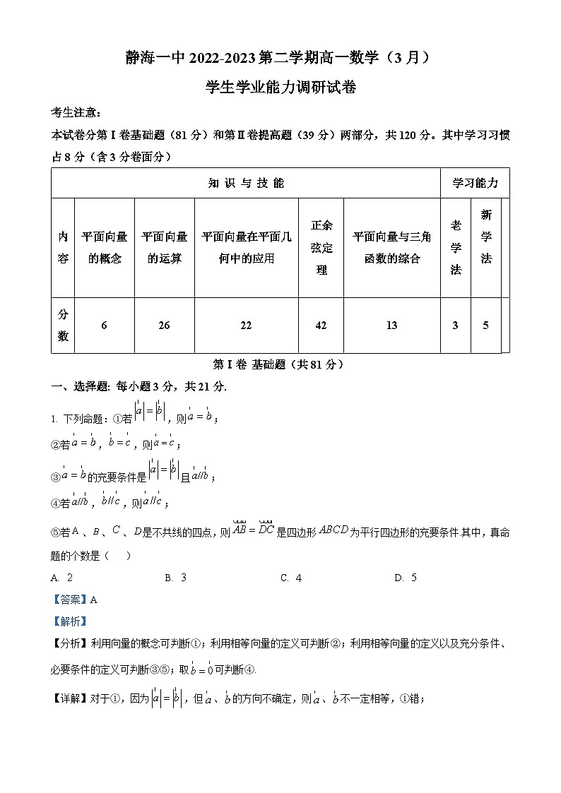 天津市静海区第一中学2022-2023学年高一下学期3月学业能力调研数学试题Word版含解析第1页