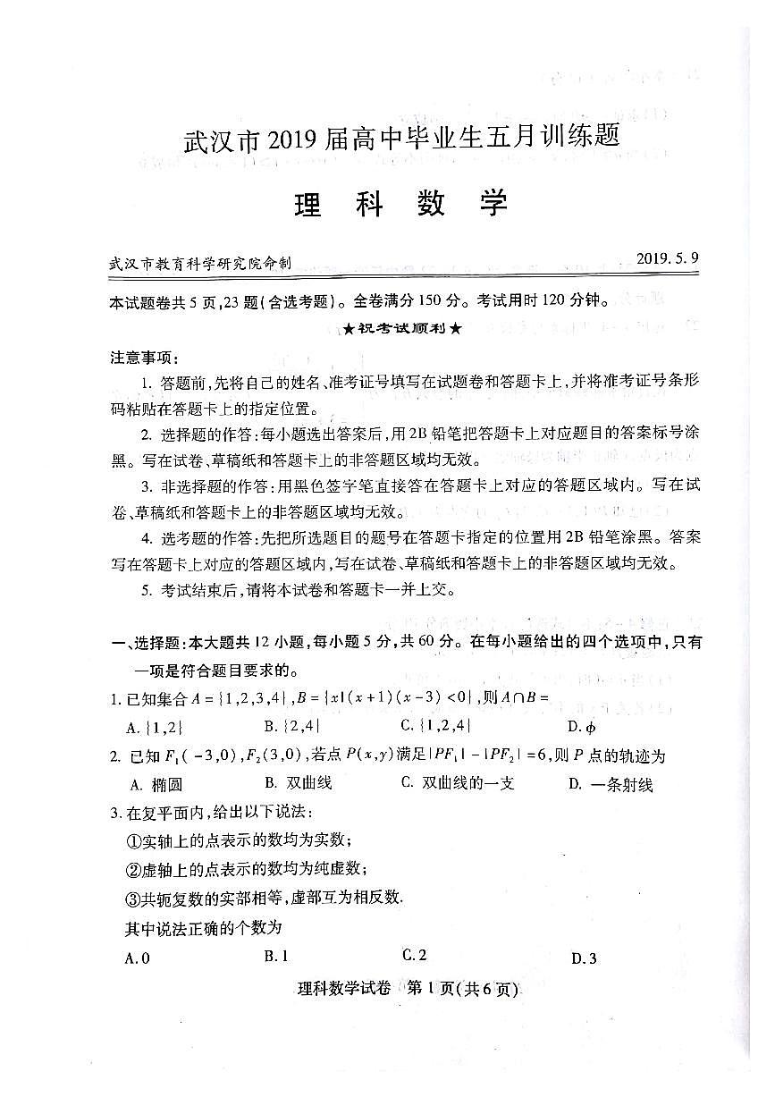 2019屆湖北省武漢市高三畢業(yè)班5月訓練數(shù)學（理）試卷（PDF版）第1頁
