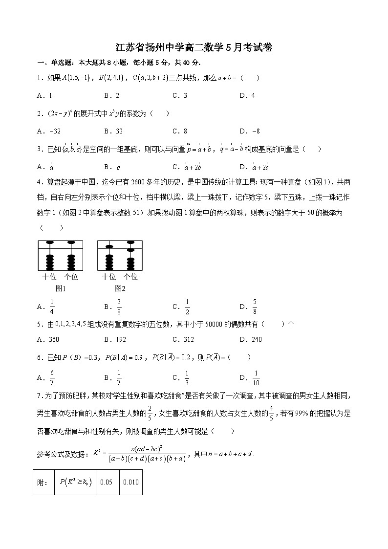 江苏省扬州中学2022-2023学年高二下学期5月月考数学试题及答案01