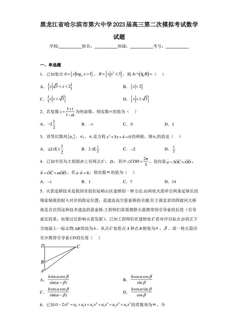 黑龙江省哈尔滨市第六中学2023届高三第二次模拟考试数学试题01