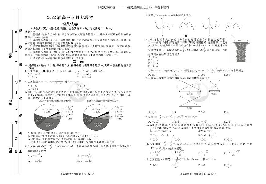 數(shù)學(xué)（理）丨衡水金卷2022屆高三5月大聯(lián)考數(shù)學(xué)（理）試卷及答案第1頁(yè)