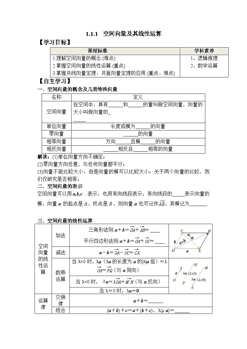 1.1.1 空间向量及其线性运算(学案)-高中数学人教A版(2019)选择性必修第一册第1页
