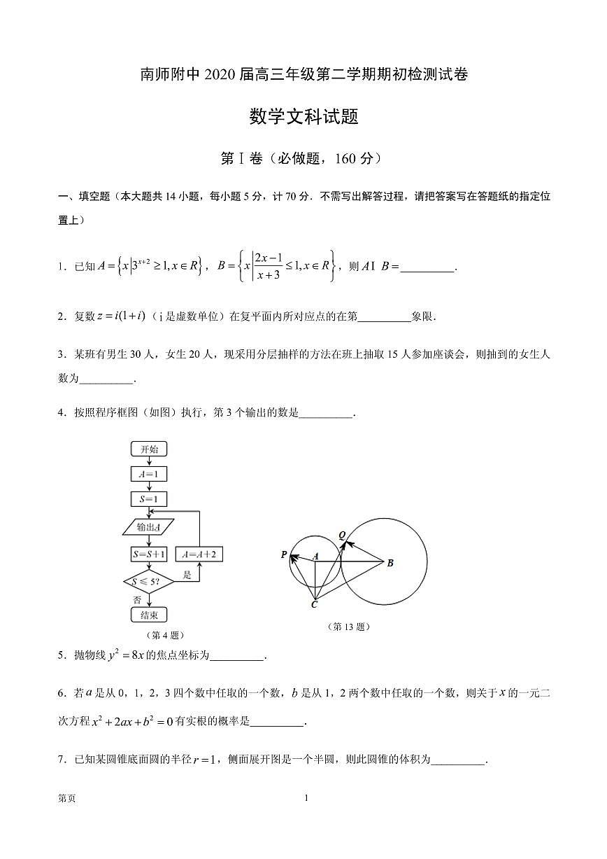 2020屆江蘇省南京師范大學附屬中學高三下學期期初檢測試題數(shù)學（文科）試題（PDF版）第1頁
