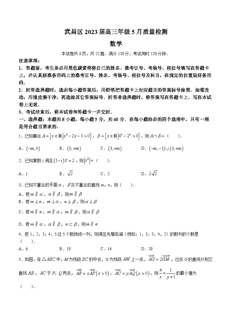湖北省武汉市武昌区2023届高三下学期5月质量检测数学试题(1)第1页