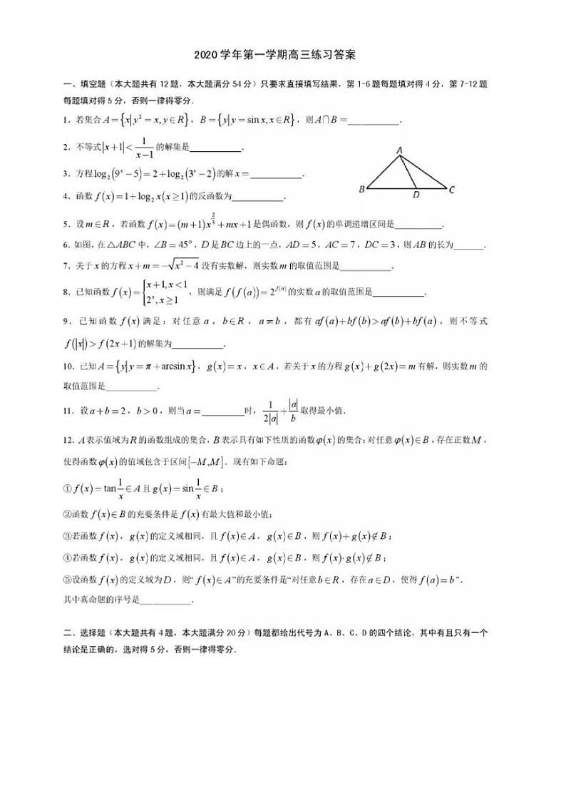 上海市上海中学2021届届高三上学期10月月考数学试卷 PDF版含答案第1页