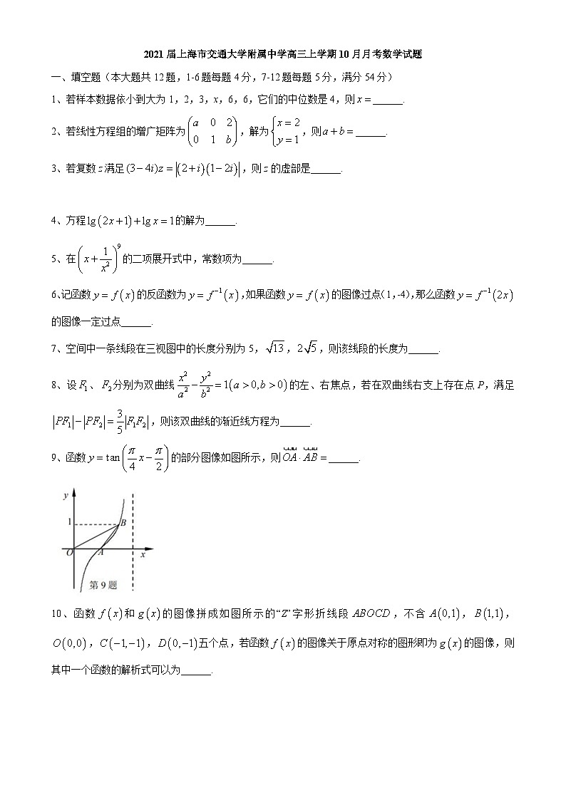 2021届上海市交通大学附属中学高三上学期10月月考数学试题第1页