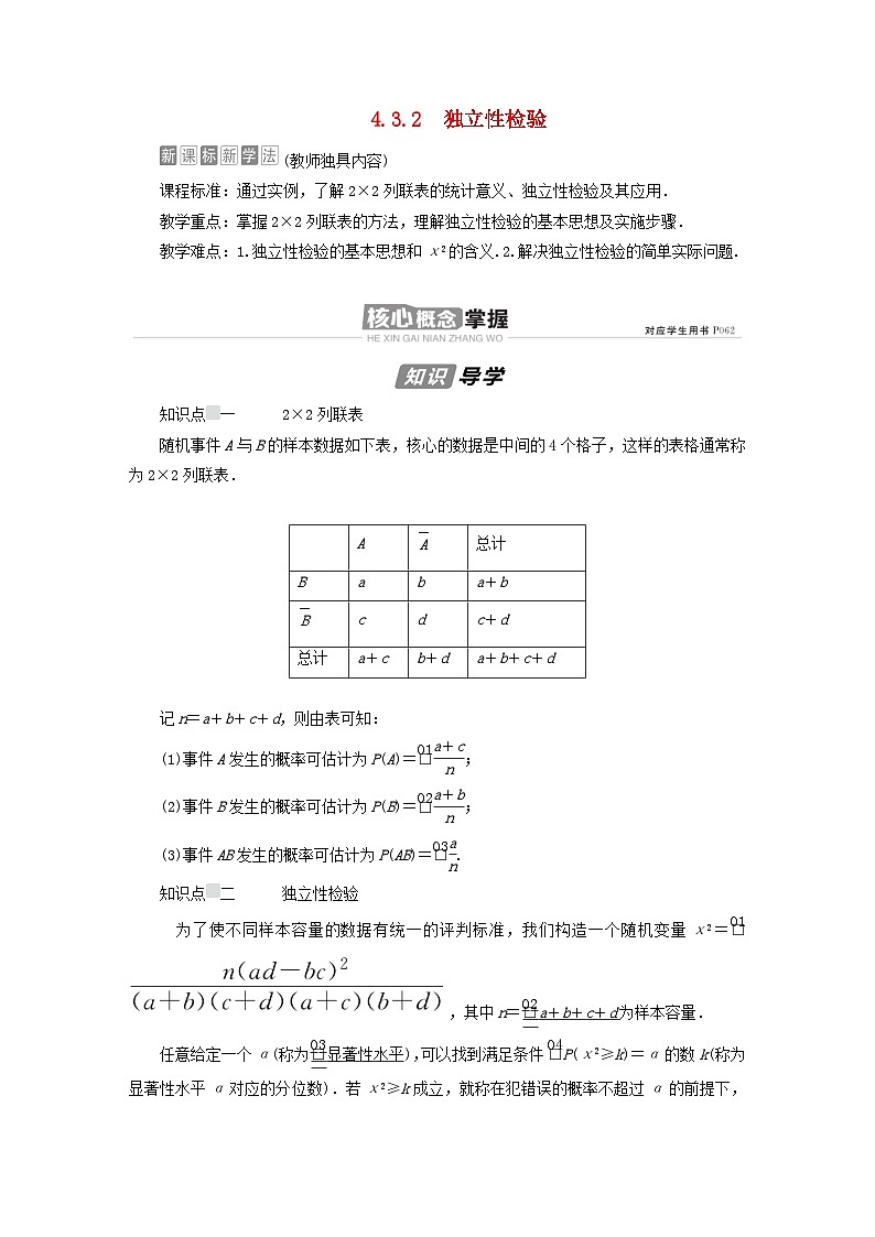 新教材高中数学第4章概率与统计4.2随机变量4.3.2独立性检验导学案新人教B版选择性必修第二册第1页