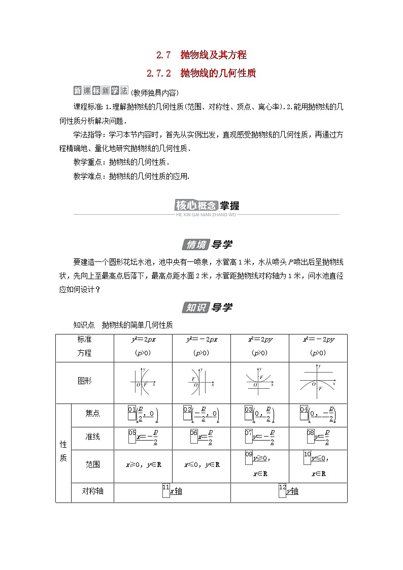 新教材2023年高中数学第2章平面解析几何2.7抛物线及其方程2.7.2抛物线的几何性质导学案新人教B版选择性必修第一册01