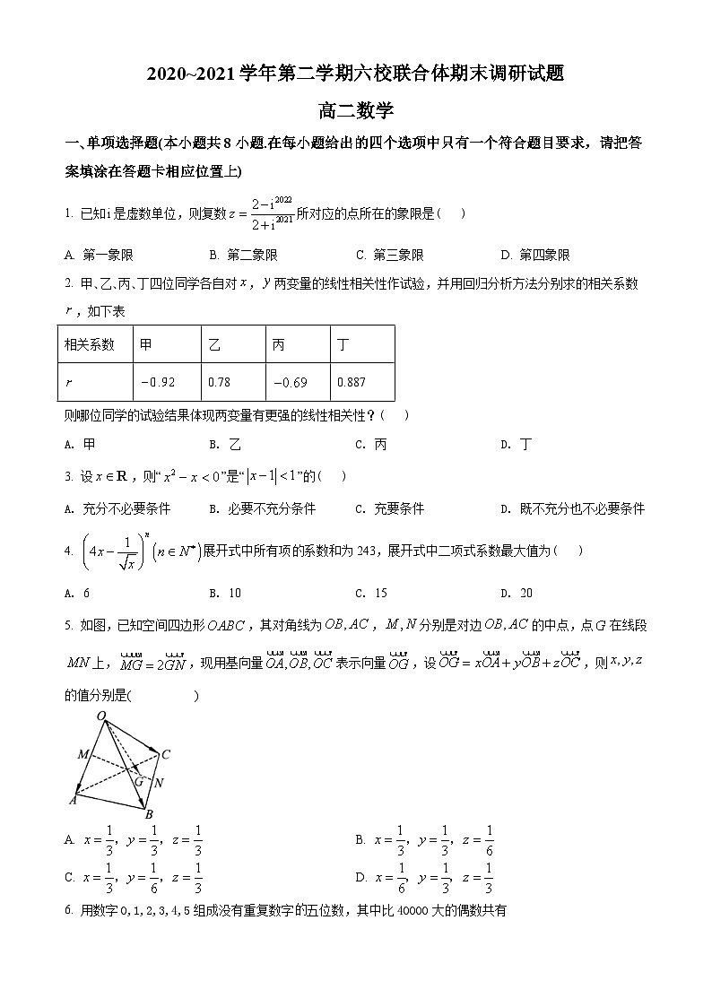 江蘇省南京市六校聯(lián)合體2020-2021學(xué)年高二下學(xué)期期末數(shù)學(xué)試題（學(xué)生版）第1頁