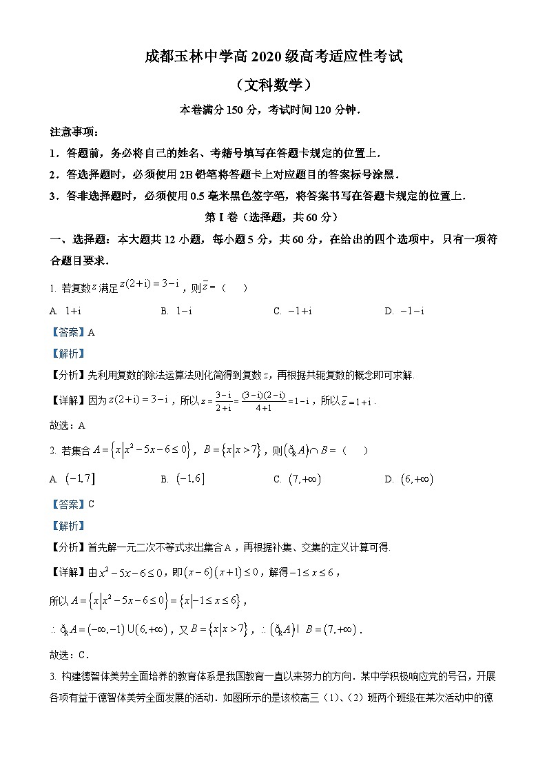 四川省成都市玉林中学2023届高三数学(文)适应性考试试题(Word版附解析)01