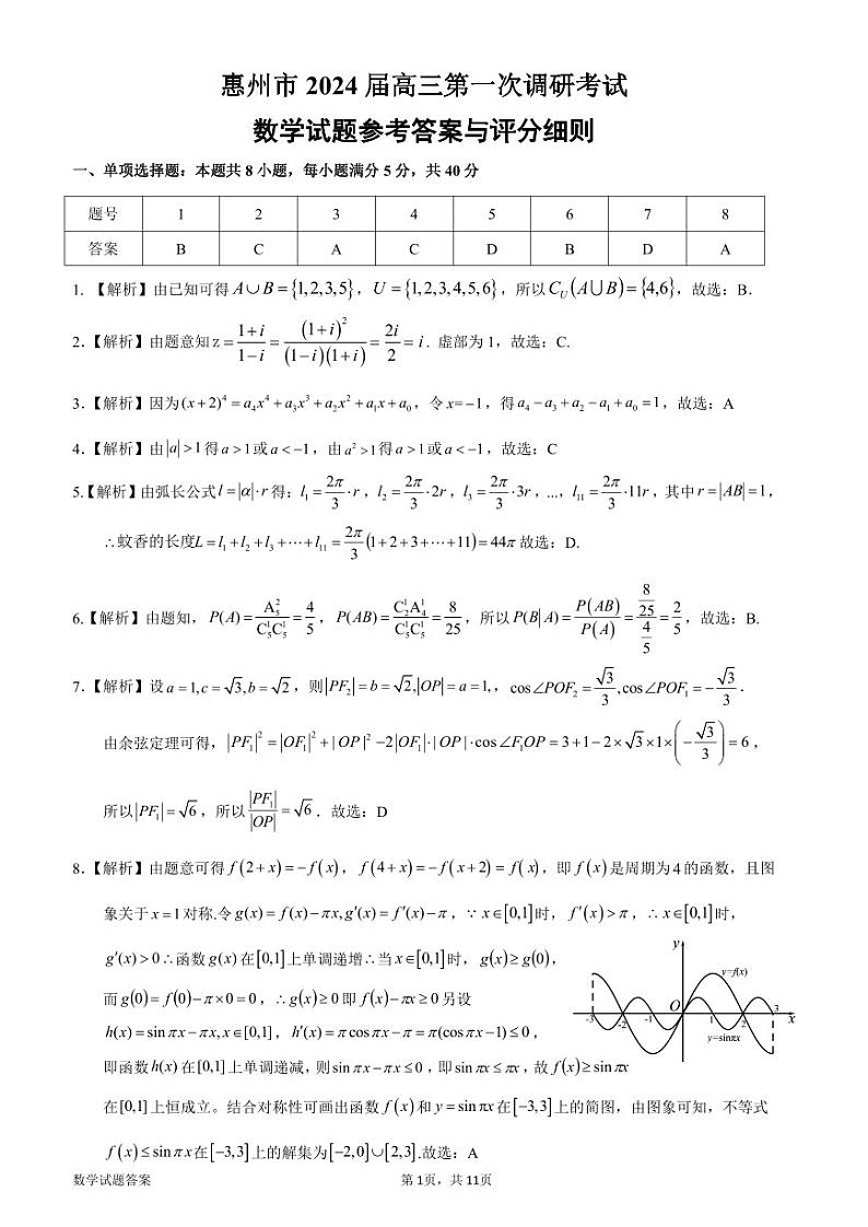 惠州市2024届高三第一次调研考试数学参考答案与评分细则第1页