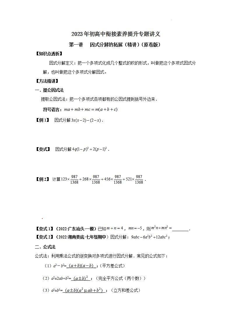 2023届初三升高一数学衔接讲义 第一讲 因式分解的拓展(精讲)01