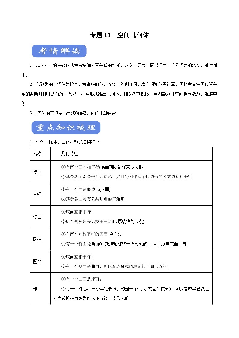 高考数学二轮专题学与练 11 空间几何体(考点解读)(含解析)01