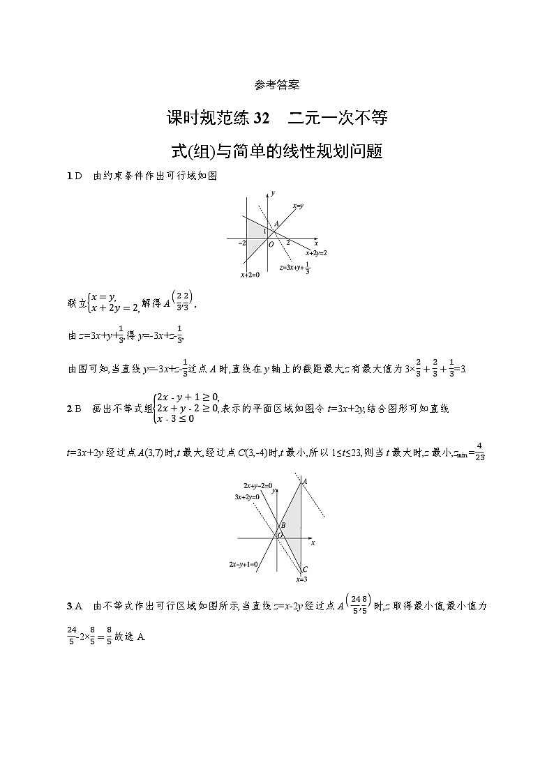 2023年高考指导数学(人教A文一轮)课时规范练32 二元一次不等式(组)与简单的线性规划问题第3页