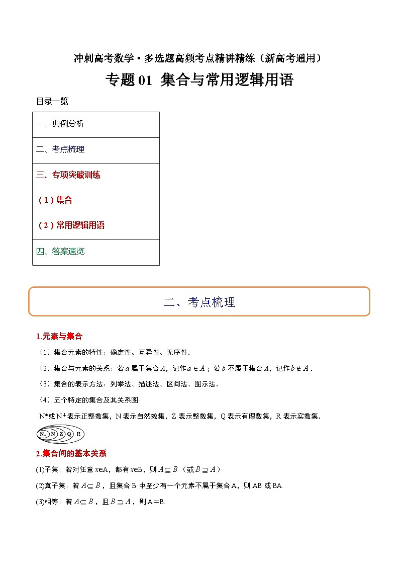 专题01 集合与常用逻辑用语冲刺高考数学·多选题高频考点精讲精练(新高考通用)解析版第1页
