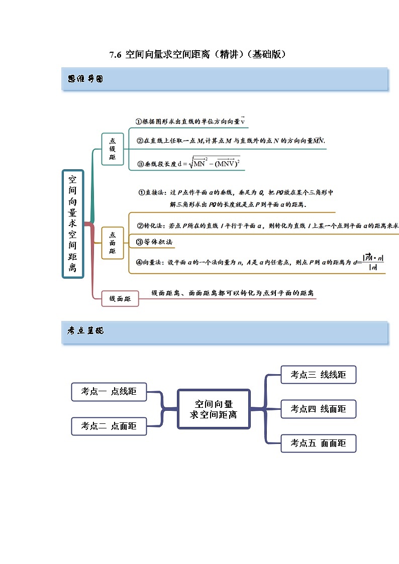 备战2024年高考数学一轮复习(一隅三反基础版新高考专用)7-6 空间向量求空间距离(精讲)(基础版)(原卷版)第1页