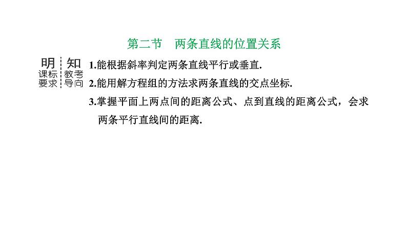 备战2024高考一轮复习数学(理) 第九章 解析几何 第二节 两条直线的位置关系课件PPT第1页