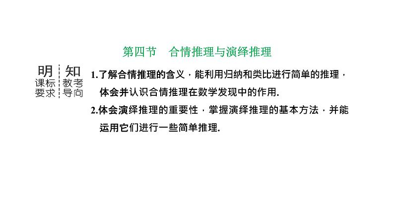 备战2024高考一轮复习数学(理) 第七章 不等式、推理与证明、程序框图 第四节 合情推理与演绎推理课件PPT第1页