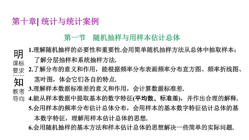 备战2024高考一轮复习数学(理) 第十章 统计与统计案例 第一节 随机抽样与用样本估计总体课件PPT01