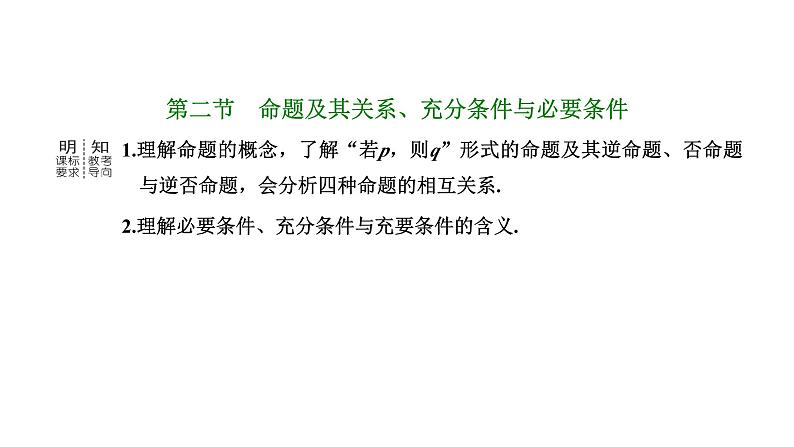 备战2024高考一轮复习数学(理) 第一章 集合与常用逻辑用语 第二节 命题及其关系、充分条件与必要条件课件PPT第1页