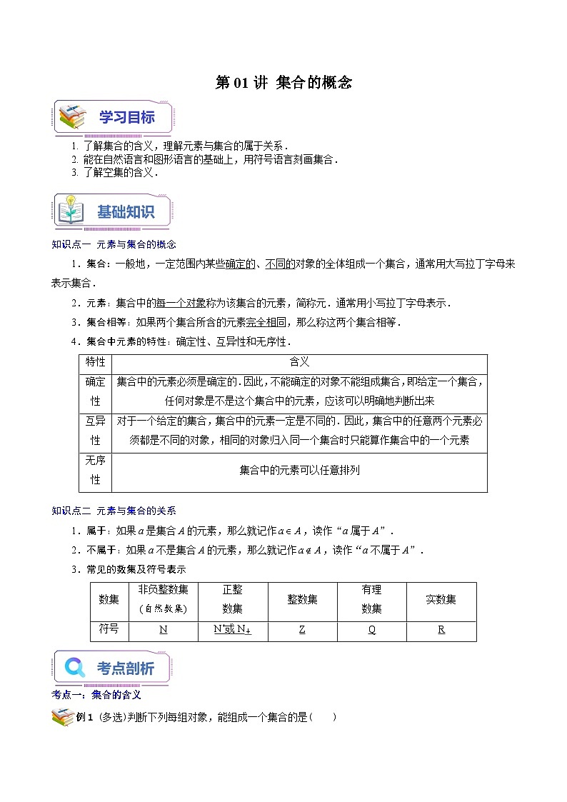 第01讲 集合的概念-新高一数学暑假精品课(苏教版必修第一册) 试卷01
