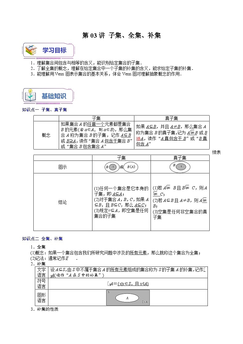 第03讲 子集、全集、补集-新高一数学暑假精品课(苏教版必修第一册) 试卷01