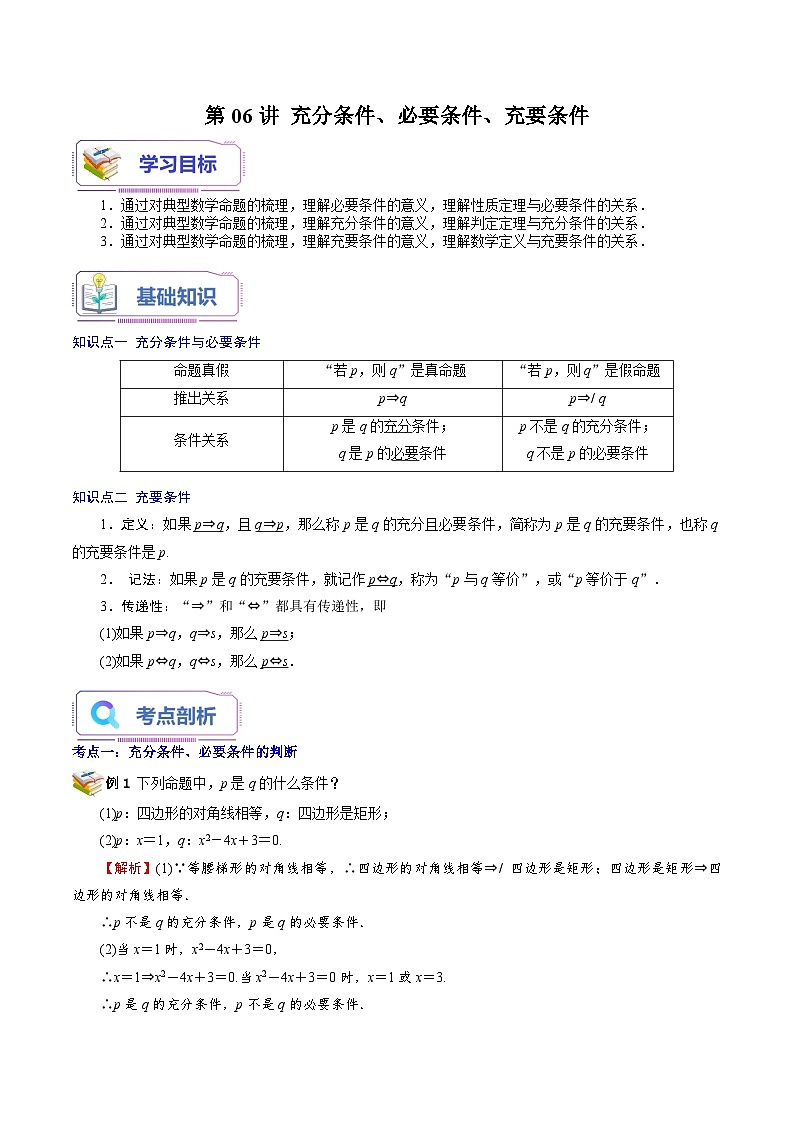 第06讲 充分条件、必要条件、充要条件-新高一数学暑假精品课(苏教版必修第一册) 试卷01