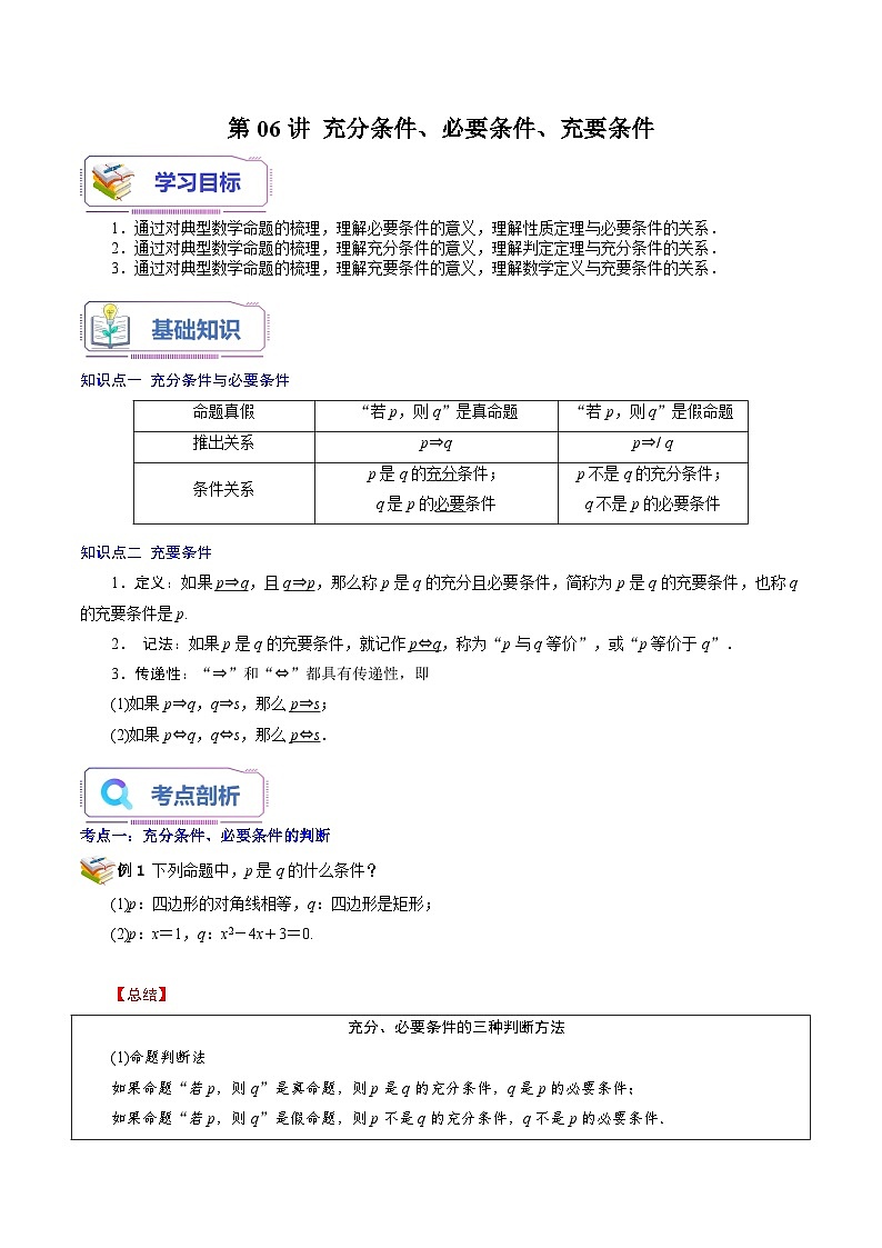 第06讲 充分条件、必要条件、充要条件-新高一数学暑假精品课(苏教版必修第一册) 试卷01