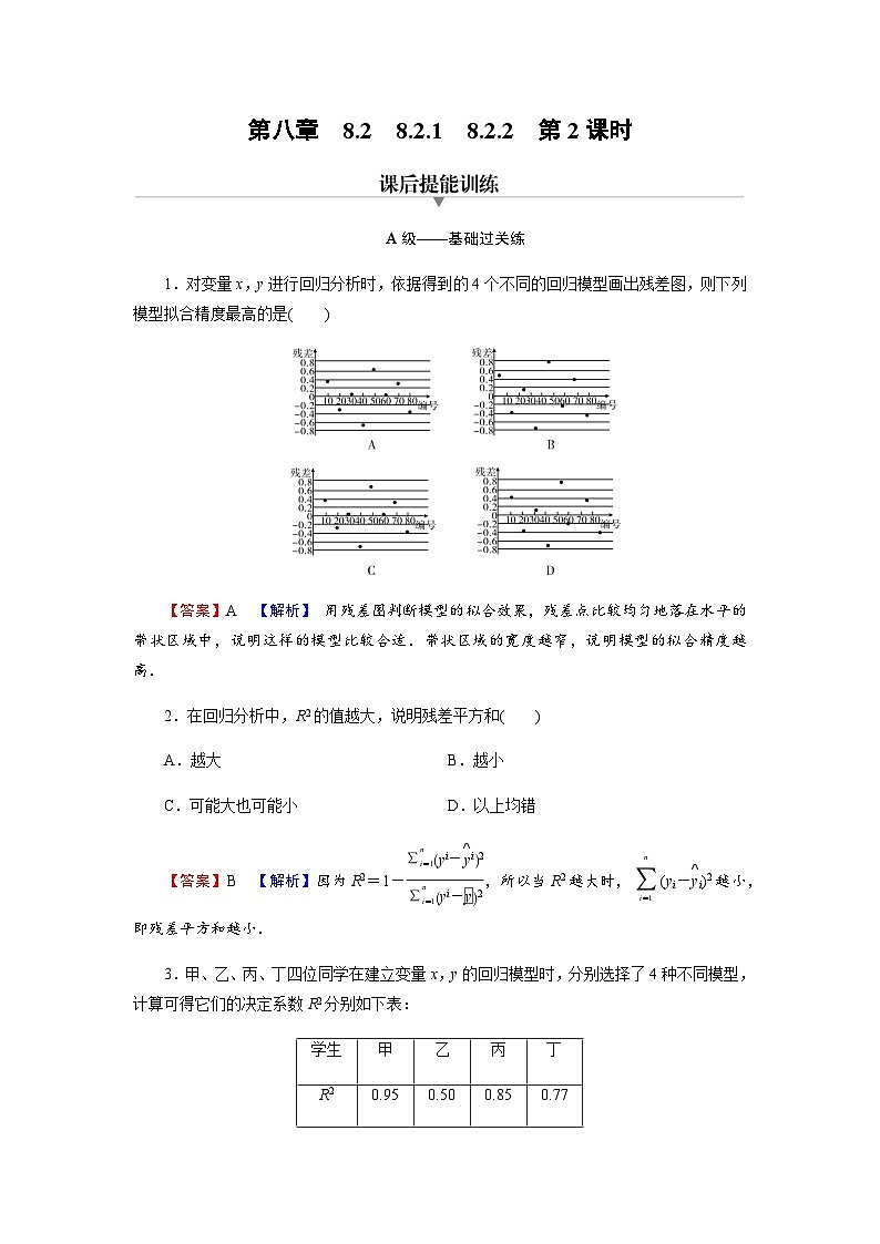 人教版高中数学选择性必修第3册8-2-1、8-2-2第2课时一元线性回归模型 一元线性回归模型参数的最小二乘估计练习含答案01