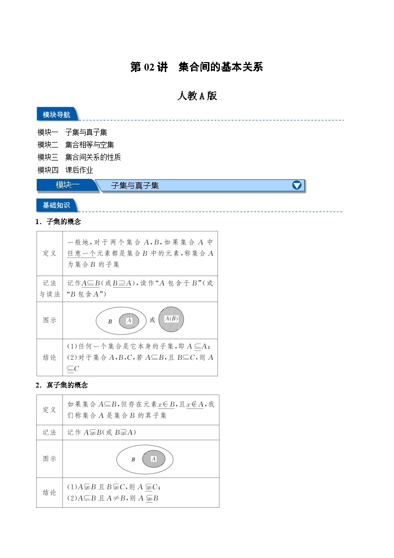 第02讲 集合间的基本关系-新高一数学初升高暑假精品课（人教A版必修第一册） 试卷01