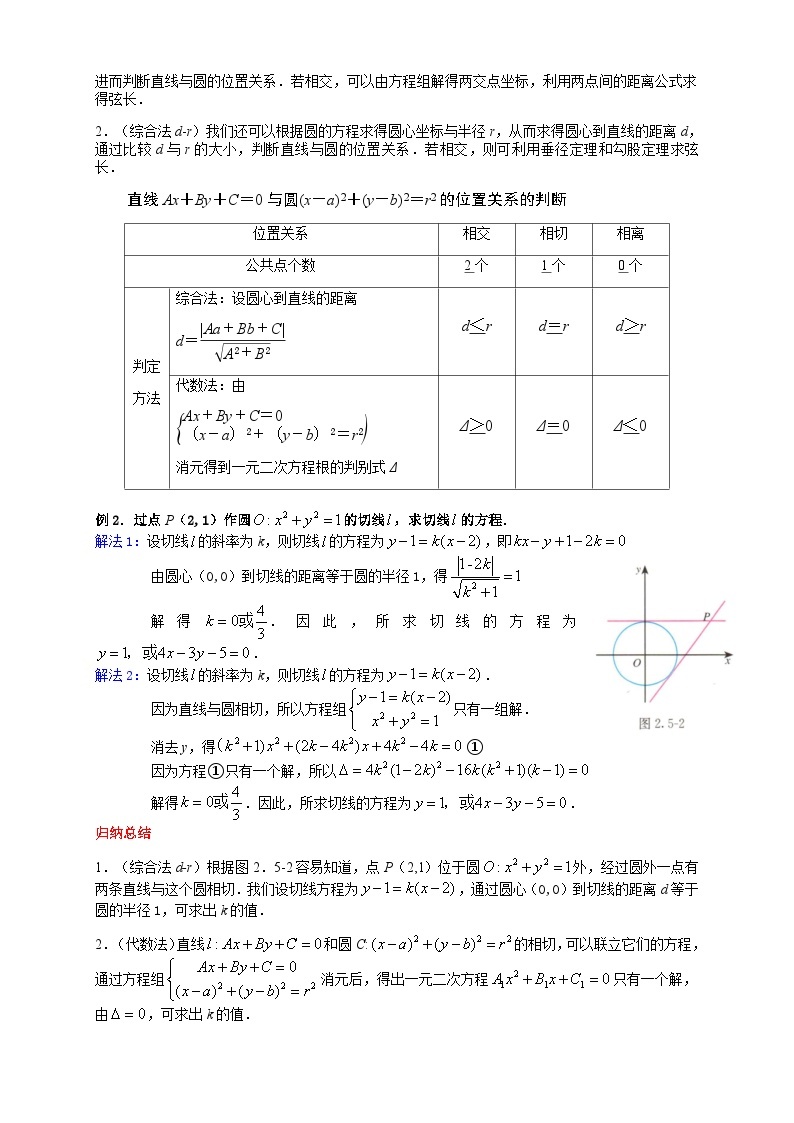 高中数学人教A版（2019）选择性必修第一册 2.5.1直线与圆的位置关系 教学设计02