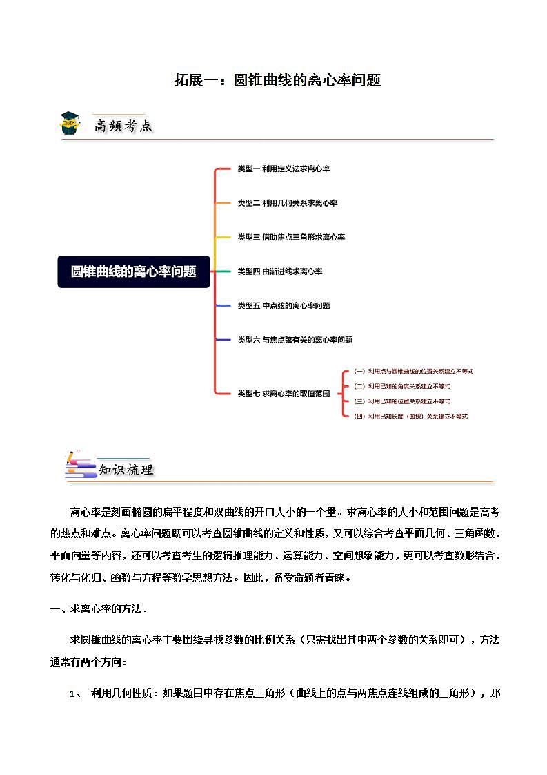拓展一 圆锥曲线的离心率问题 (人教A版2019选择性必修第一册)讲义01
