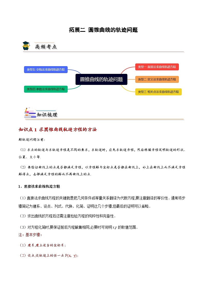 拓展二 圆锥曲线的轨迹问题 -2023-2024学年高二数学同步精品讲义(人教A版2019选择性必修第一册)(原卷版)第1页