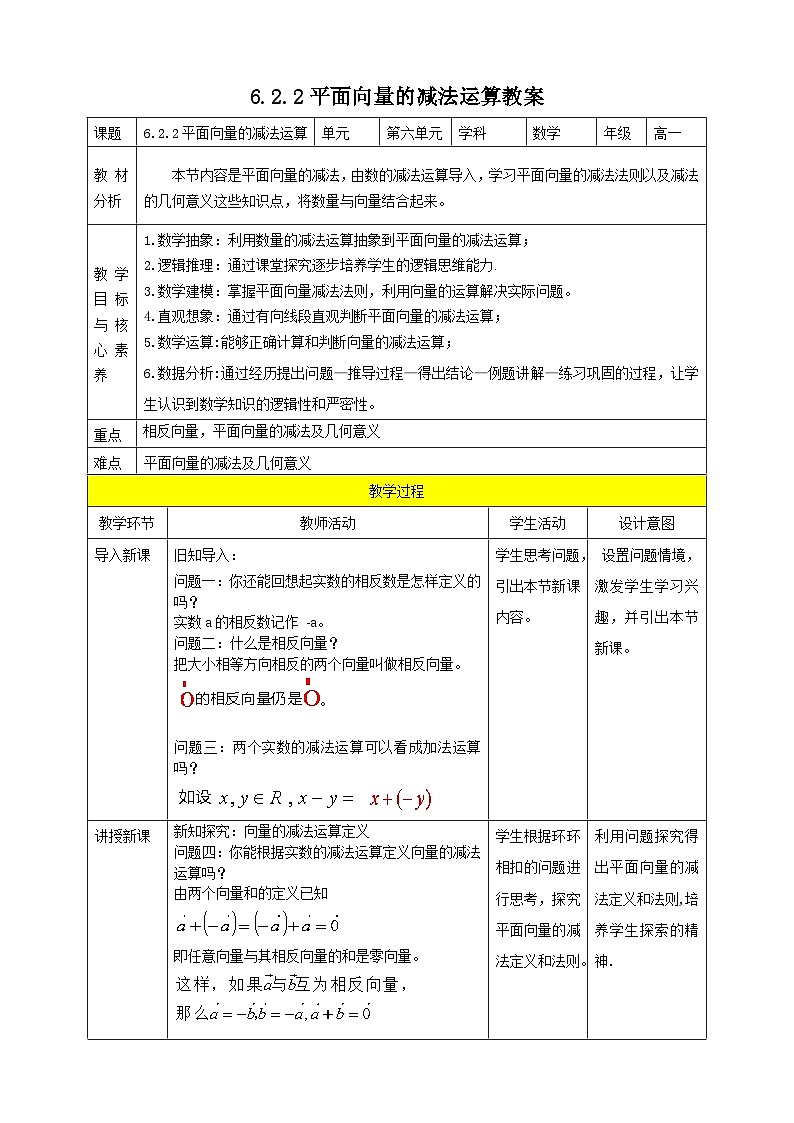 人教A版 2019 高一必修2数学 6.2.2 平面向量的减法运算 教案第1页