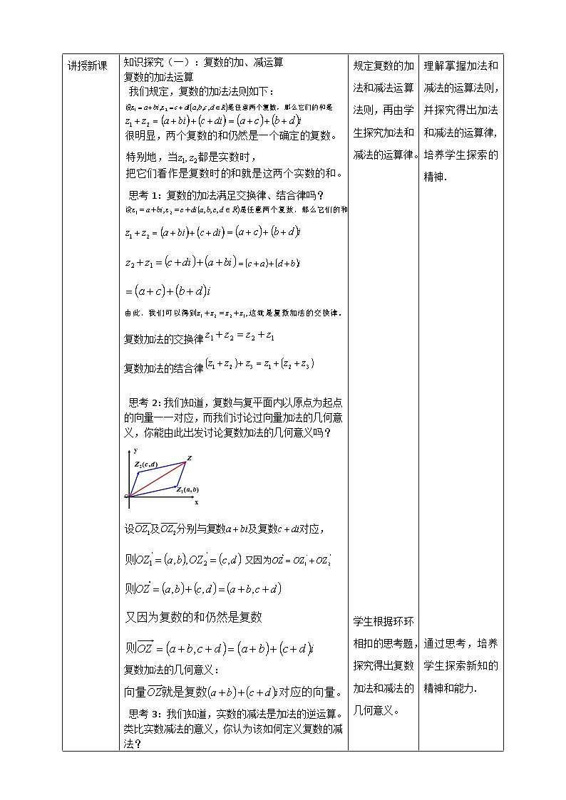 人教A版 2019 高一必修2数学 7.2 复数的四则运算 教案第2页