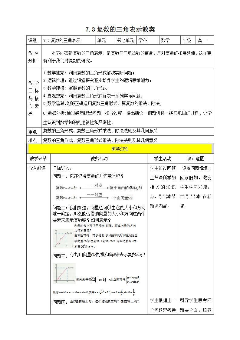 人教A版 2019 高一必修2数学 7.3 复数的三角表示 课件+教案01