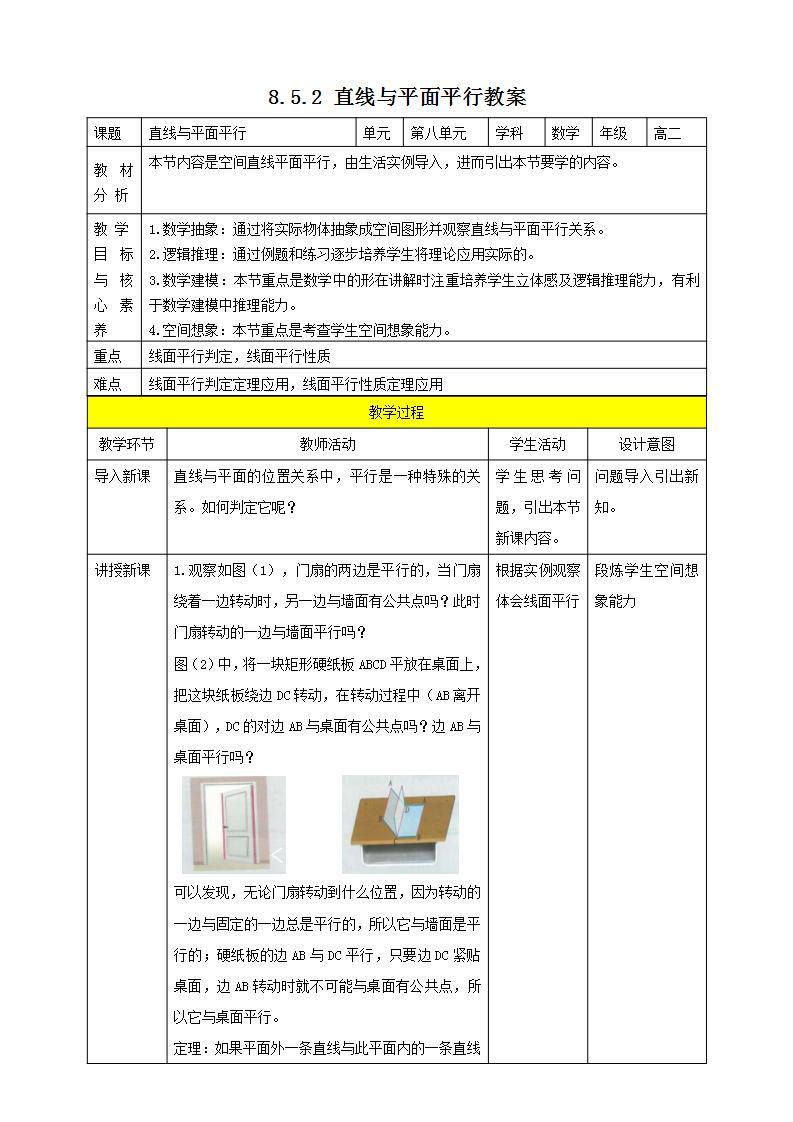 人教A版 2019 高一必修2数学 8.5.2 直线与平面平行 课件+教案01