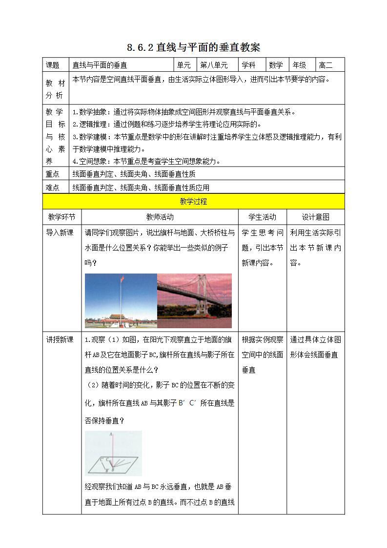 人教A版 2019 高一必修2数学 8.6.2 直线与平面垂直 课件+教案01