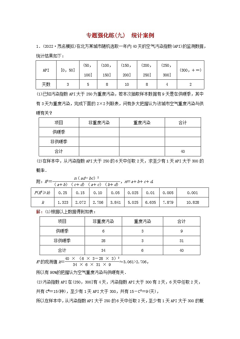 2023高考数学二轮专题复习与测试专题强化练九统计案例第1页