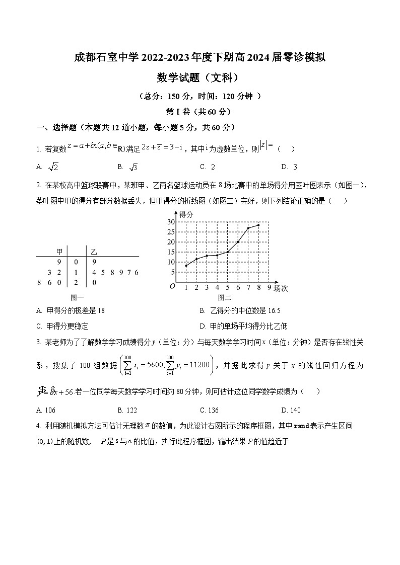 精品解析:四川省成都石室中学2024届高三零诊模拟考试文科数学试题(原卷版)第1页