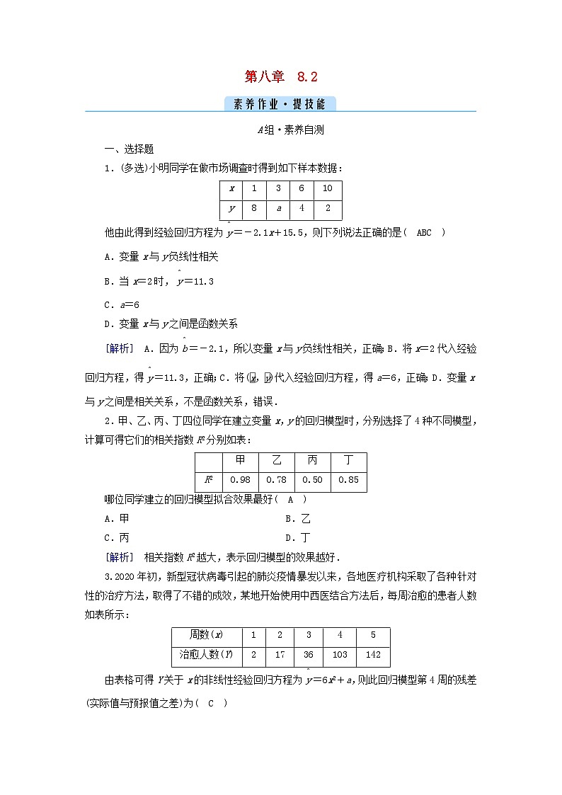 新教材2023年高中数学第八章成对数据的统计分析8.2一元线性回归模型及其应用素养作业新人教A版选择性必修第三册第1页