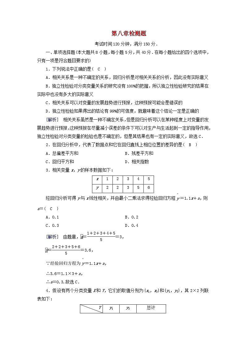 新教材2023年高中数学第八章成对数据的统计分析检测题新人教A版选择性必修第三册第1页