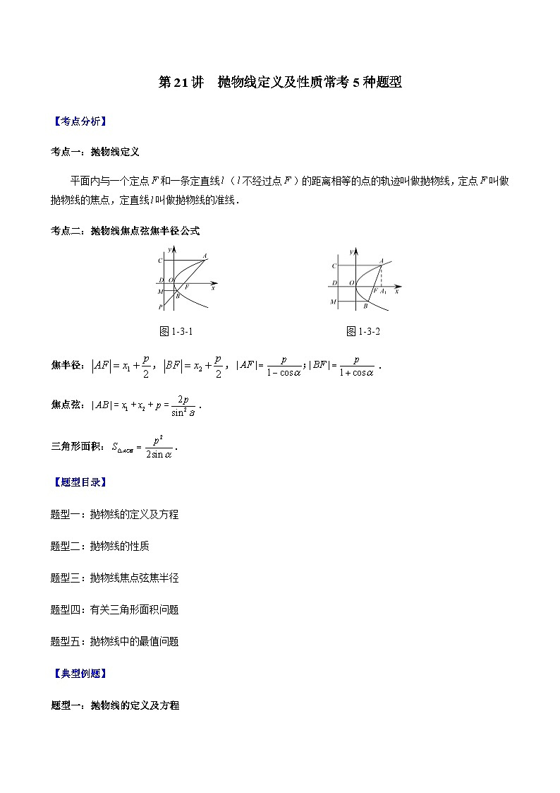 第21讲 抛物线定义及性质常考5种题型-【高考备考题型讲义】备战2024年高考数学常考题型分类讲义(新高考专用)01