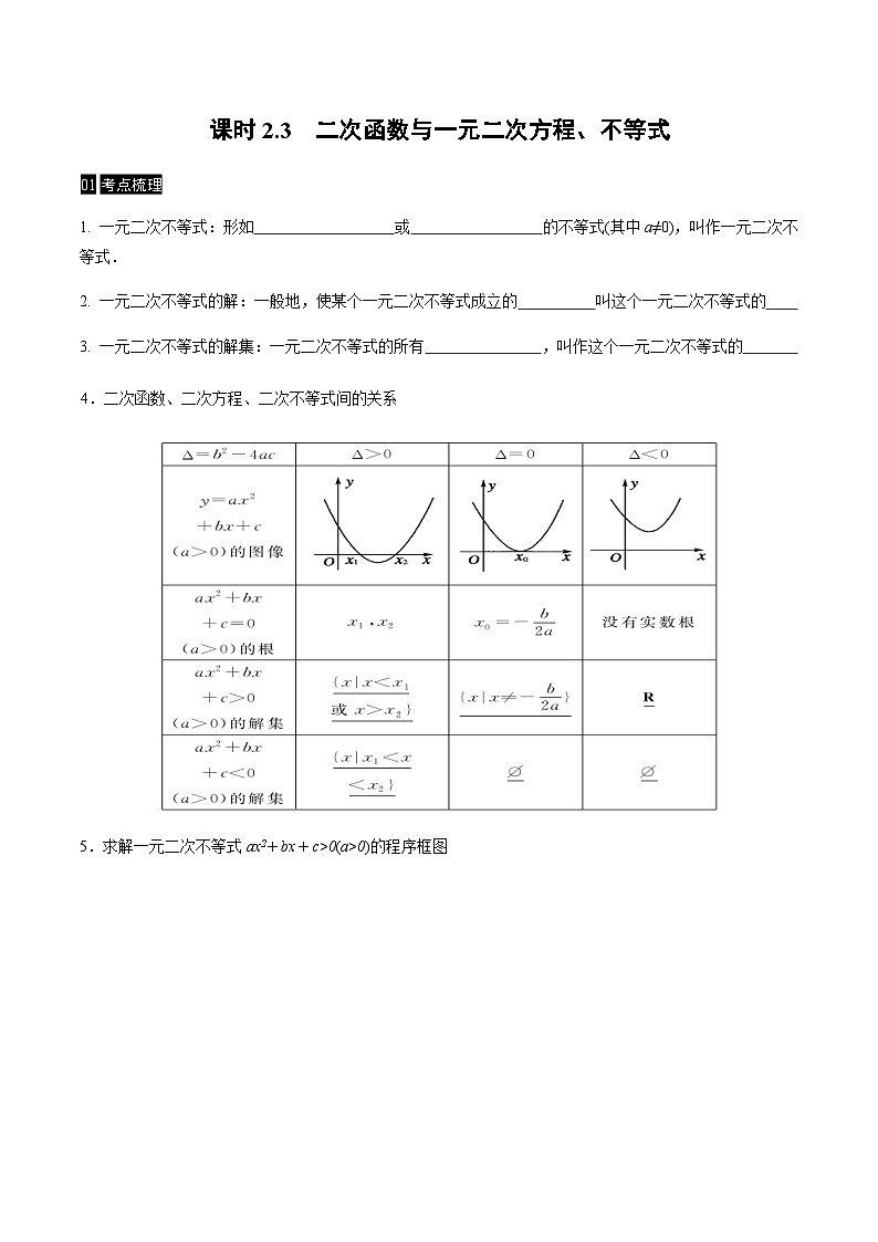【同步学案】高中数学人教A版(2019)必修第一册--课时2.3 二次函数与一元二次方程、不等式 学案(Word版含答案)01